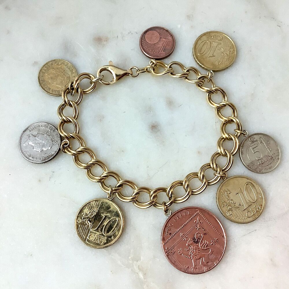 Sterling Coin Bracelet Charms Vintage Queen Elizabeth Coins 925 Italy 7.25"